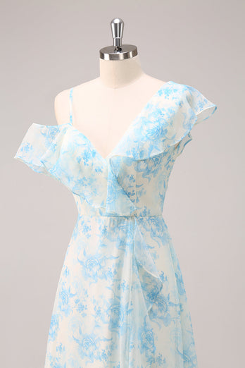 Stilvolles A-Linie Weiß Blau Blume Chiffon Brautjungfernkleid mit Schlitz