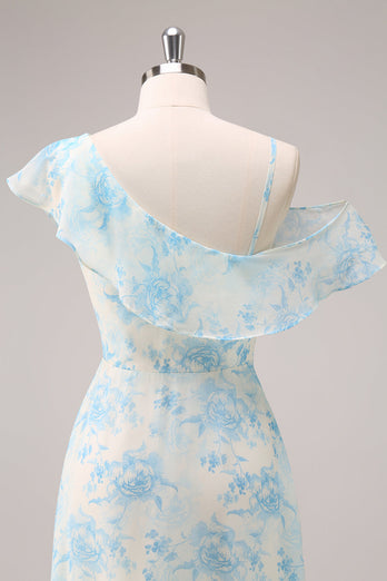 Stilvolles A-Linie Weiß Blau Blume Chiffon Brautjungfernkleid mit Schlitz