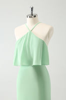 Laden Sie das Bild in den Galerie-Viewer, Grünes gestuftes Chiffon Meerjungfrauen Neckholder gestuftes Hochzeitsgastkleid