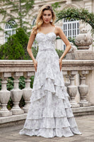 Laden Sie das Bild in den Galerie-Viewer, A-Linie V-Ausschnitt Spaghettiträger Brautjungfernkleid mit Rüschen Weiß Braun Blume