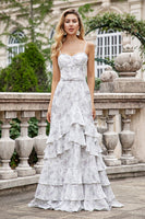 Laden Sie das Bild in den Galerie-Viewer, A-Linie V-Ausschnitt Spaghettiträger Brautjungfernkleid mit Rüschen Weiß Braun Blume