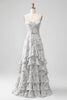 Laden Sie das Bild in den Galerie-Viewer, Weiß Braun Blume A-Linie Spaghettiträger Brautjungfernkleid mit Rüschen