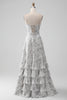 Laden Sie das Bild in den Galerie-Viewer, Weiß Braun Blume A-Linie Spaghettiträger Brautjungfernkleid mit Rüschen