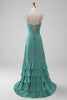 Laden Sie das Bild in den Galerie-Viewer, Graugrünes Spaghettiträger Brautjungfernkleid in A-Linie mit Rüschen
