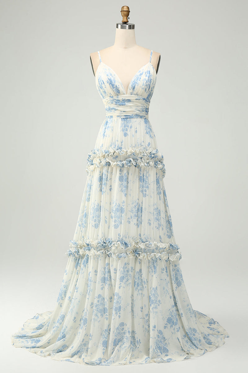 Laden Sie das Bild in den Galerie-Viewer, Weiß Blau Blume A-Linie Spaghettiträger Langes Tüll Brautjungfernkleid mit Rüschen