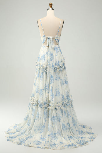 Weiß Blau Blume A-Linie Spaghettiträger Langes Tüll Brautjungfernkleid mit Rüschen