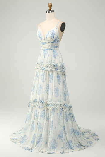 Weiß Blau Blume A-Linie Spaghettiträger Langes Tüll Brautjungfernkleid mit Rüschen