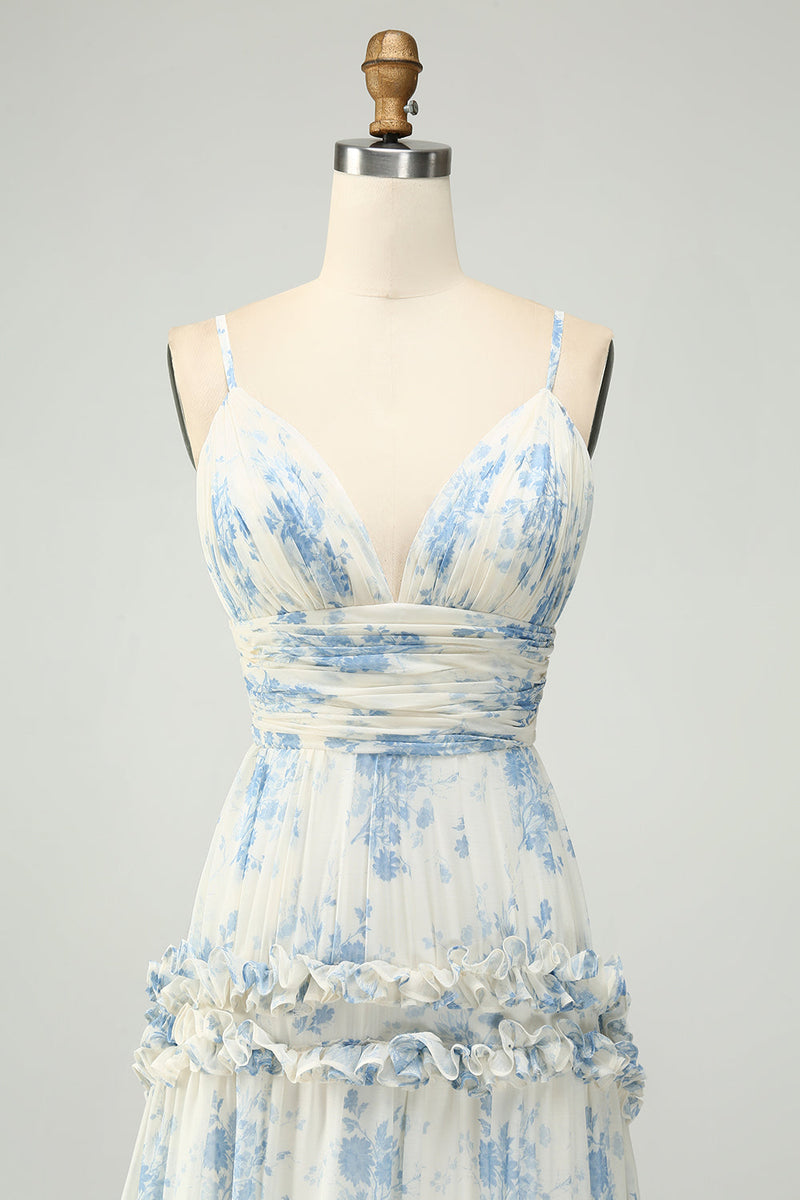 Laden Sie das Bild in den Galerie-Viewer, Weiß Blau Blume A-Linie Spaghettiträger Langes Tüll Brautjungfernkleid mit Rüschen