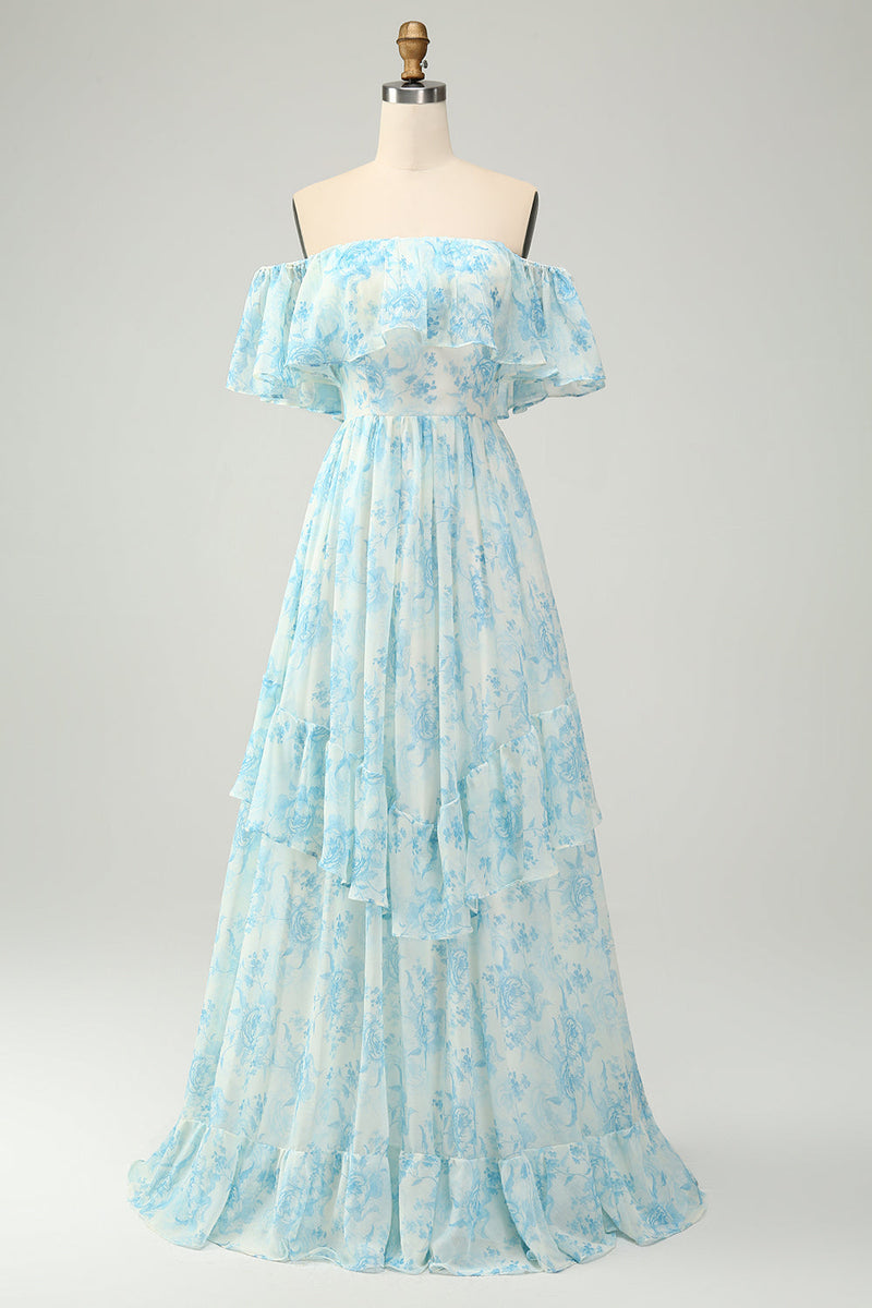 Laden Sie das Bild in den Galerie-Viewer, Weißes blaues gestuftes langes Brautjungfernkleid mit Blumenmuster