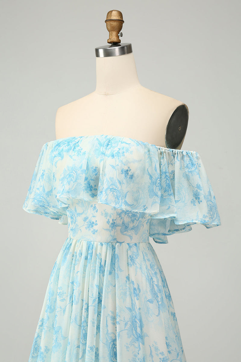 Laden Sie das Bild in den Galerie-Viewer, Weißes blaues gestuftes langes Brautjungfernkleid mit Blumenmuster