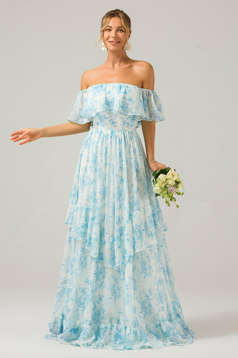Weißes blaues schulterfreies Boho Brautjungfernkleid mit Blumenmuster und Rüschen