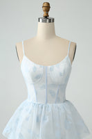 Laden Sie das Bild in den Galerie-Viewer, Hellblaues A-Linie Korsett Brautjungfernkleid mit Rüschen und Schlitz