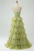 Laden Sie das Bild in den Galerie-Viewer, Grüne Blume A-Linie Spaghettiträger Langes Ballkleid mit Rüschen