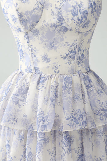 Weiß Blau Blume A-Linie Spaghettiträger gestuftes Brautjungfernkleid mit Rüschen