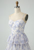 Laden Sie das Bild in den Galerie-Viewer, Weiß Blau Blume A-Linie Spaghettiträger gestuftes Brautjungfernkleid mit Rüschen