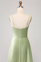 Laden Sie das Bild in den Galerie-Viewer, Staubiger Salbei A Linie Wasserfallausschnitt Satin Langes Ballkleid mit Plissee