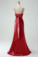 Laden Sie das Bild in den Galerie-Viewer, Grau Blau Meerjungfrau Spaghettiträger Langes Satin Brautjungfernkleid mit Schlitz