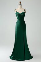 Laden Sie das Bild in den Galerie-Viewer, Grau Blau Meerjungfrau Spaghettiträger Langes Satin Brautjungfernkleid mit Schlitz