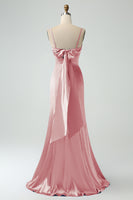 Laden Sie das Bild in den Galerie-Viewer, Grau Blau Meerjungfrau Spaghettiträger Langes Satin Brautjungfernkleid mit Schlitz