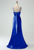 Laden Sie das Bild in den Galerie-Viewer, Grau Blau Meerjungfrau Spaghettiträger Langes Satin Brautjungfernkleid mit Schlitz