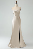 Laden Sie das Bild in den Galerie-Viewer, Grau Blau Meerjungfrau Spaghettiträger Langes Satin Brautjungfernkleid mit Schlitz