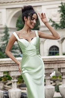 Laden Sie das Bild in den Galerie-Viewer, Grünes Meerjungfrauen Eckiger Hals Langes Satin Brautjungfernkleid mit Wimpernspitze