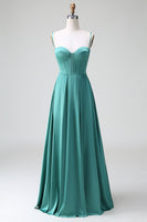 Laden Sie das Bild in den Galerie-Viewer, Eukalyptus A-Linie Spaghettiträger Korsett Plissee Satin Brautjungfernkleid