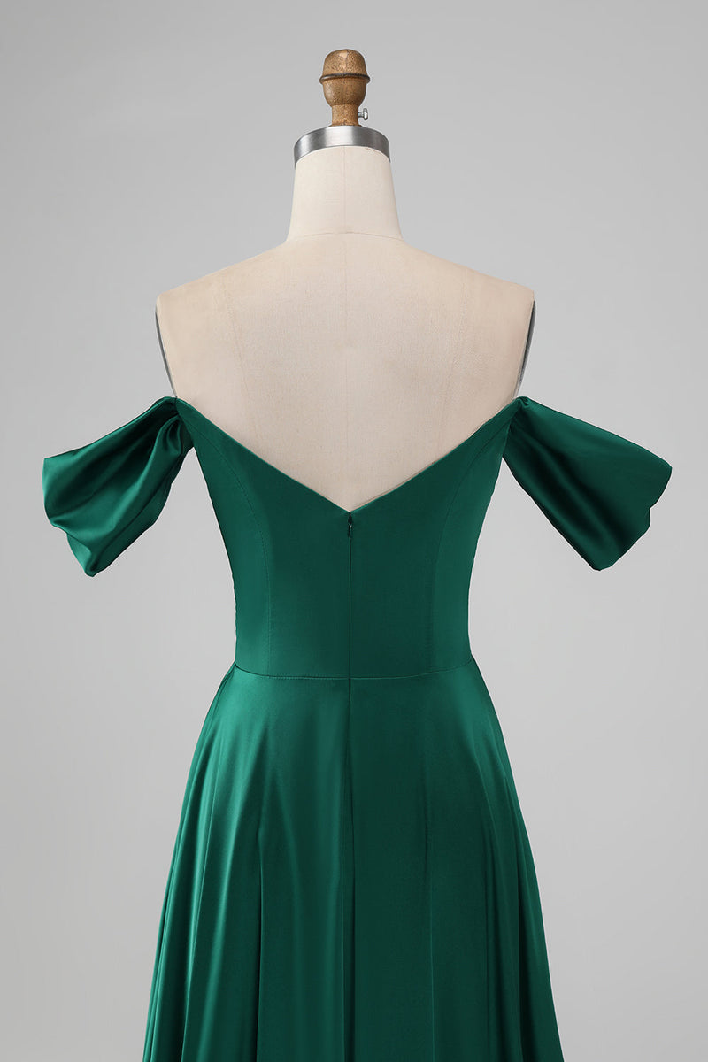 Laden Sie das Bild in den Galerie-Viewer, A-Linie Dunkelgrünes langes Brautjungfernkleid aus Satin
