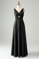 Laden Sie das Bild in den Galerie-Viewer, Tintenblaues langes Brautjungfernkleid mit V-Ausschnitt und Schlüsselloch