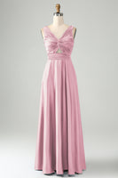 Laden Sie das Bild in den Galerie-Viewer, Tintenblaues langes Brautjungfernkleid mit V-Ausschnitt und Schlüsselloch