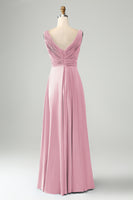 Laden Sie das Bild in den Galerie-Viewer, Tintenblaues langes Brautjungfernkleid mit V-Ausschnitt und Schlüsselloch