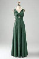 Laden Sie das Bild in den Galerie-Viewer, Tintenblaues langes Brautjungfernkleid mit V-Ausschnitt und Schlüsselloch