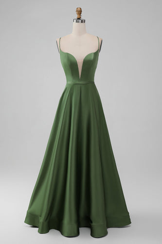 A-Linie Grünes langes Brautjungfernkleid aus Satin mit V-Ausschnitt