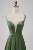 Laden Sie das Bild in den Galerie-Viewer, A-Linie Grünes langes Brautjungfernkleid aus Satin mit V-Ausschnitt