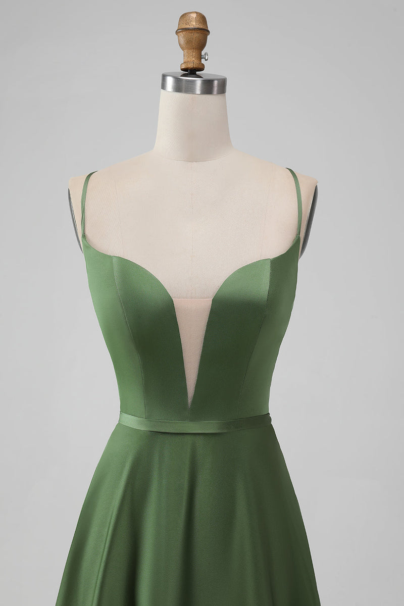 Laden Sie das Bild in den Galerie-Viewer, A-Linie Grünes langes Brautjungfernkleid aus Satin mit V-Ausschnitt