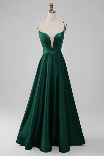 A-Linie Grünes langes Brautjungfernkleid aus Satin mit V-Ausschnitt
