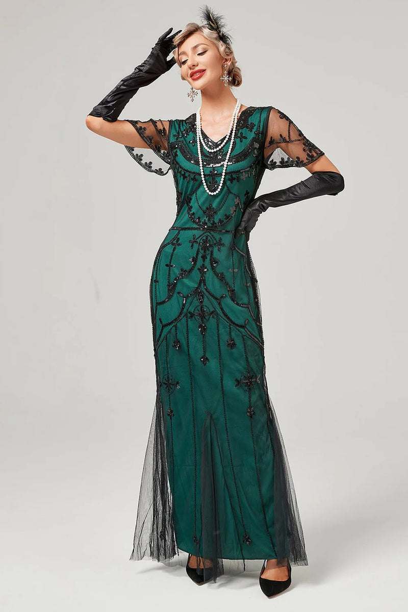 Laden Sie das Bild in den Galerie-Viewer, Grünes perlenbesetztes langes Flapperkleid mit 1920er Accessoires Set