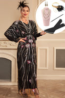 Laden Sie das Bild in den Galerie-Viewer, Glitzerndes schwarzes Blumen Übergröße langes Kleid aus den 1920er Jahren mit Accessoires