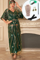 Laden Sie das Bild in den Galerie-Viewer, Funkelndes dunkelgrünes Blumen Pailletten Kleid aus den 1920er Jahren mit Accessoires