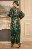 Laden Sie das Bild in den Galerie-Viewer, Funkelndes dunkelgrünes Blumen Pailletten Kleid aus den 1920er Jahren mit Accessoires