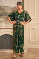 Laden Sie das Bild in den Galerie-Viewer, Funkelndes dunkelgrünes Blumen Pailletten Kleid aus den 1920er Jahren mit Accessoires