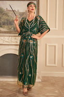 Laden Sie das Bild in den Galerie-Viewer, Funkelndes dunkelgrünes Blumen Pailletten Kleid aus den 1920er Jahren mit Accessoires