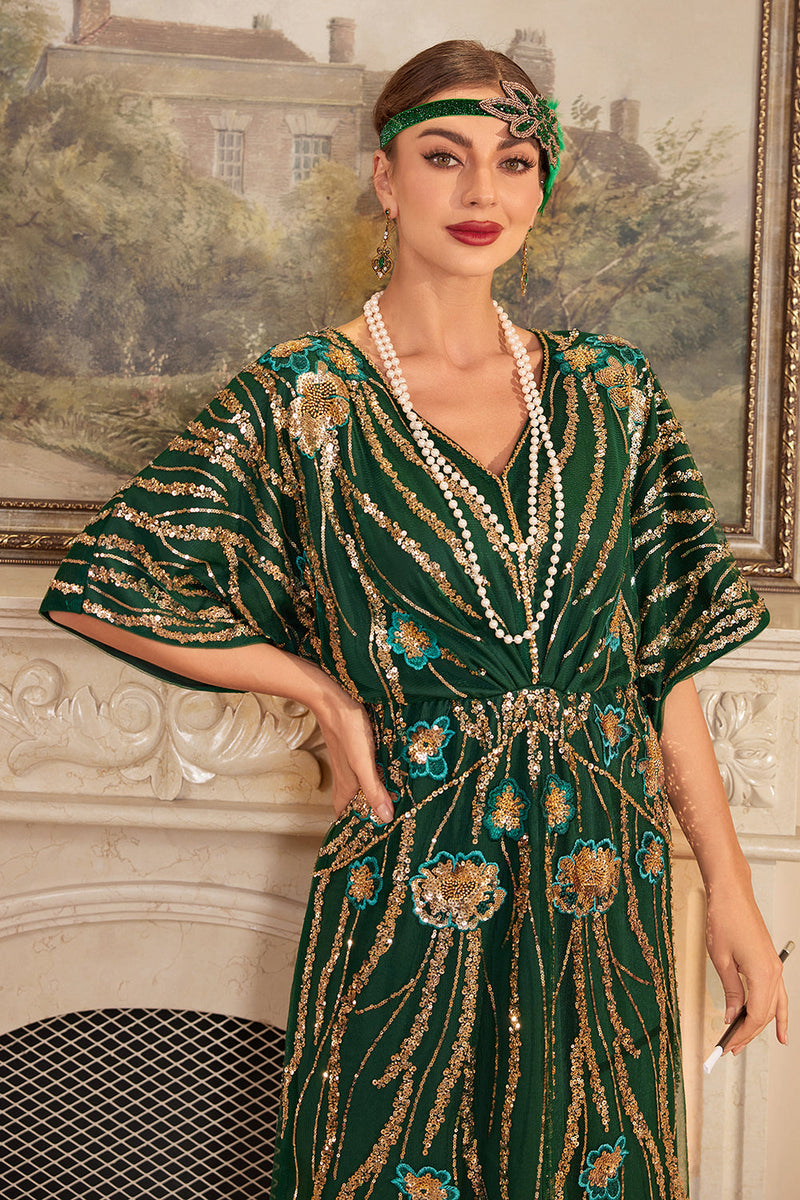 Laden Sie das Bild in den Galerie-Viewer, Funkelndes dunkelgrünes Blumen Pailletten Kleid aus den 1920er Jahren mit Accessoires