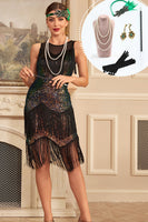 Laden Sie das Bild in den Galerie-Viewer, Glitzerndes 1920er Jahre Kleid mit Fransen und Accessoires