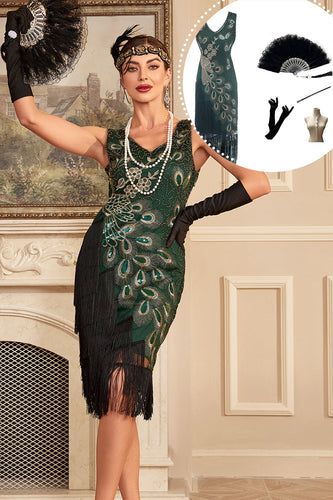 Glitzerndes dunkelgrünes Kleid mit Fransen und Perlen aus den 1920er Jahren mit Accessoires