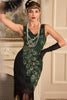 Laden Sie das Bild in den Galerie-Viewer, Glitzerndes dunkelgrünes Kleid mit Fransen und Perlen aus den 1920er Jahren mit Accessoires