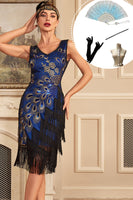 Laden Sie das Bild in den Galerie-Viewer, Glitzerndes königsblaues perlenbesetztes Kleid aus den 1920er Jahren mit Fransen und Accessoires