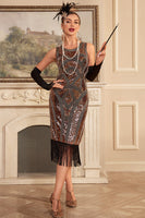 Laden Sie das Bild in den Galerie-Viewer, Glitzerndes Flapper Kleid mit goldenen Fransen und 20er Jahre Accessoires