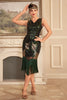Laden Sie das Bild in den Galerie-Viewer, Grünes glitzerndes V-Ausschnitt 1920er Jahre Kleid mit Fransen und Accessoires