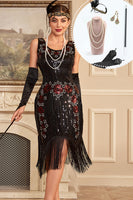 Laden Sie das Bild in den Galerie-Viewer, Schwarzes ärmelloses glitzerndes Fransen Flapper Kleid mit Accessoires